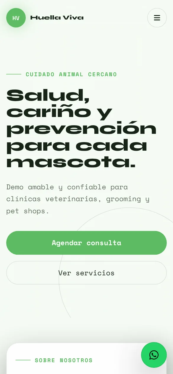 Huella Viva Vet: vista en celular de la demo CB-06
